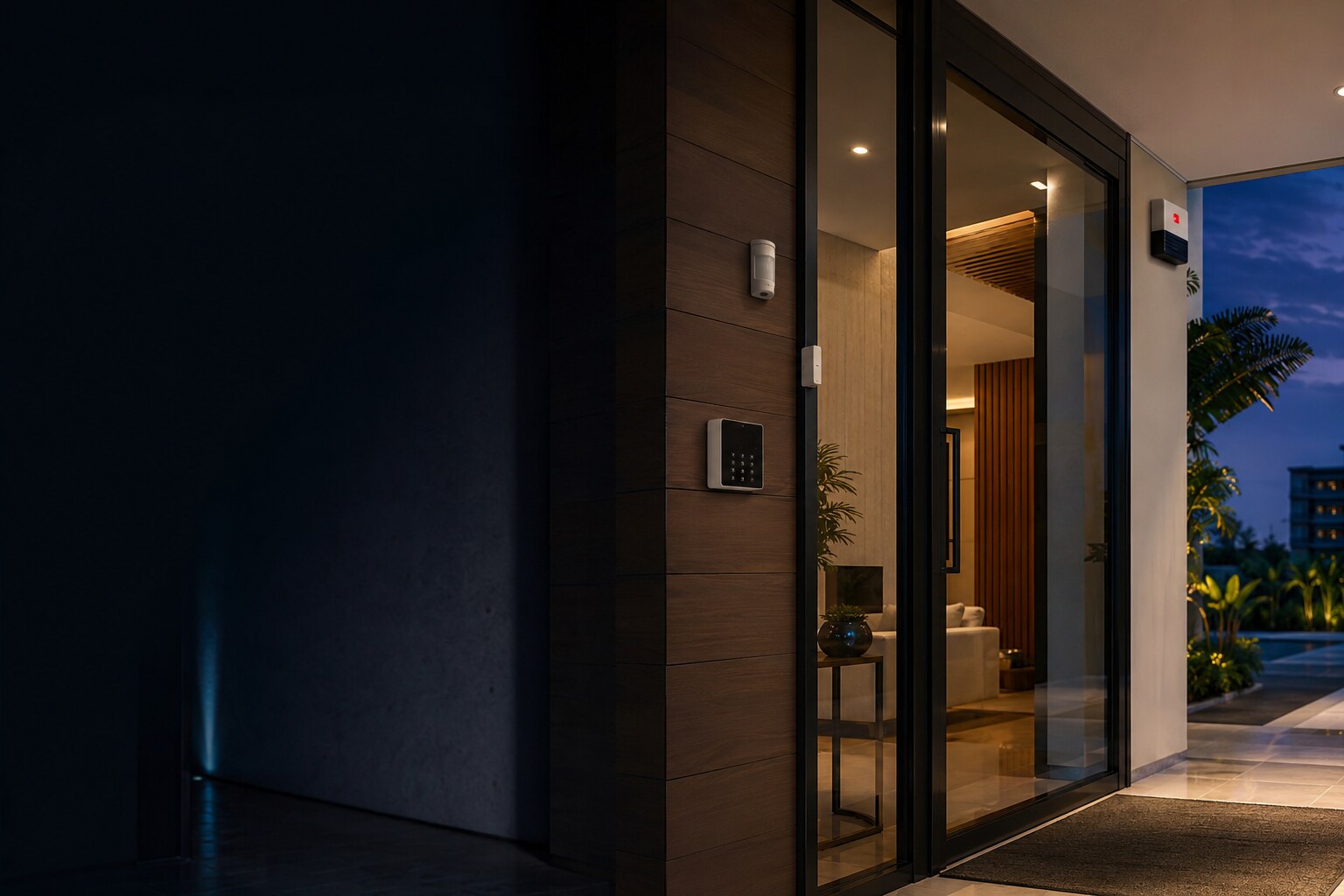 Professional alarm system protecting a modern Malaysian property entrance