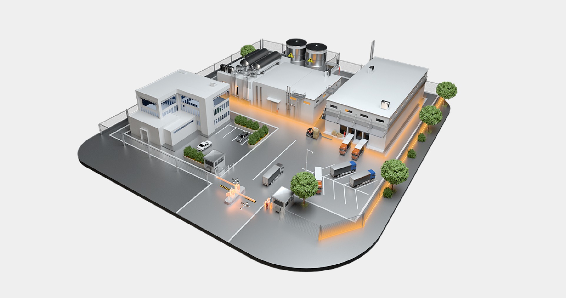 Integrated security coverage for a factory and warehouse site