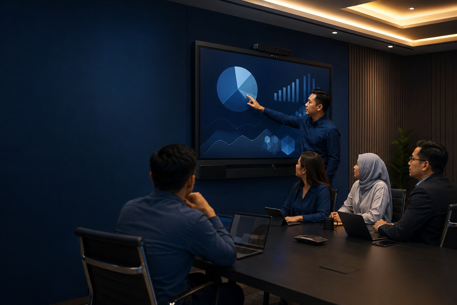 Presenter using an interactive smartboard in a modern meeting room